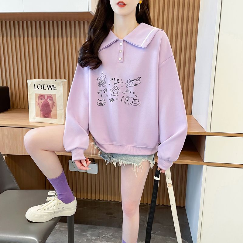 Photographed Cotton-Imitation Cotton Composite Spring and Autumn Women's New Navy Collar Design Sense Petite Loose Top