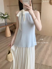 感！GS.GOOD START韓系甜美拼色無袖蝴蝶結系帶小衫