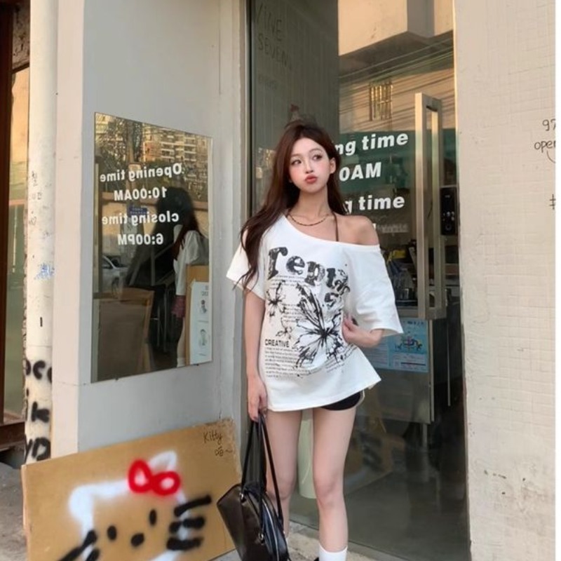 Colorful cotton pull-up new American retro bow loose shoulder short-sleeved T-shirt for women