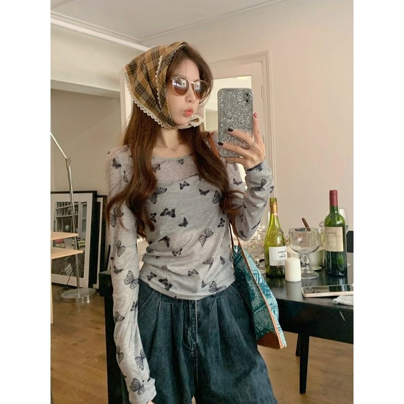 Tensile cashmere hot girl gray butterfly printed T-shirt for women spring and autumn thin slim base shirt short top