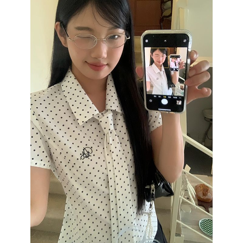 韓國chi短袖襯衫女夏季新款白色法式高級感休閒百搭上衣波點襯衣