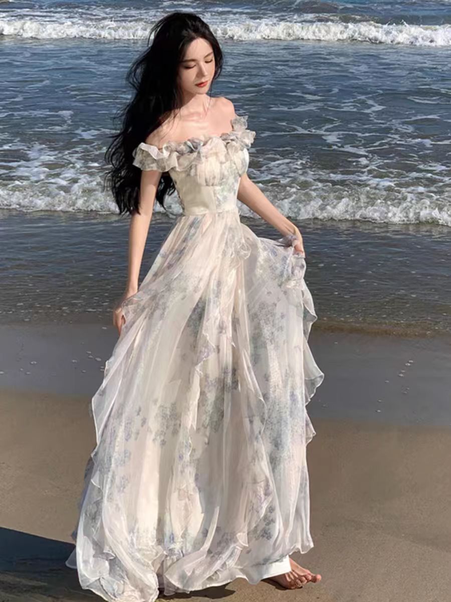Seaside vacation style suspender skirt gauze French ruffle beach dress atmosphere long skirt flowing fairy style