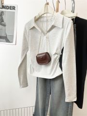 Real-life photography of new autumn POLO lapel t-length sleeve T-shirt slim top with gray front shoulder