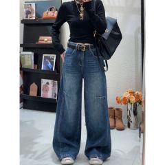 Trendy and personalized wide-leg jeans for women in spring and autumn new high-waisted slim and loose Hong Kong style floor-moving jeans