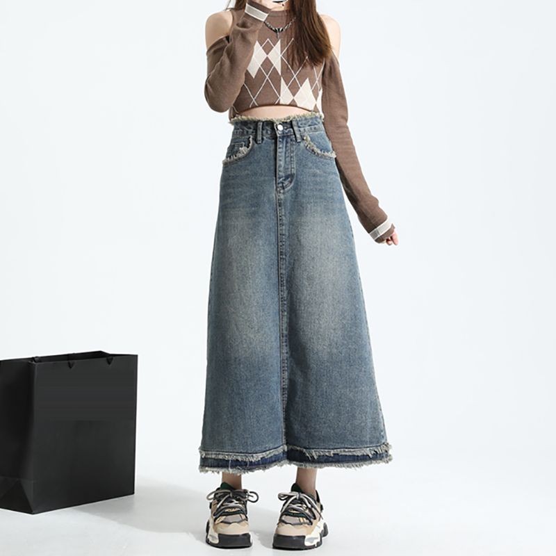 Frosted denim skirt for women mid-length style, high-slim A-line skirt for women spring and autumn new versatile casual denim skirt