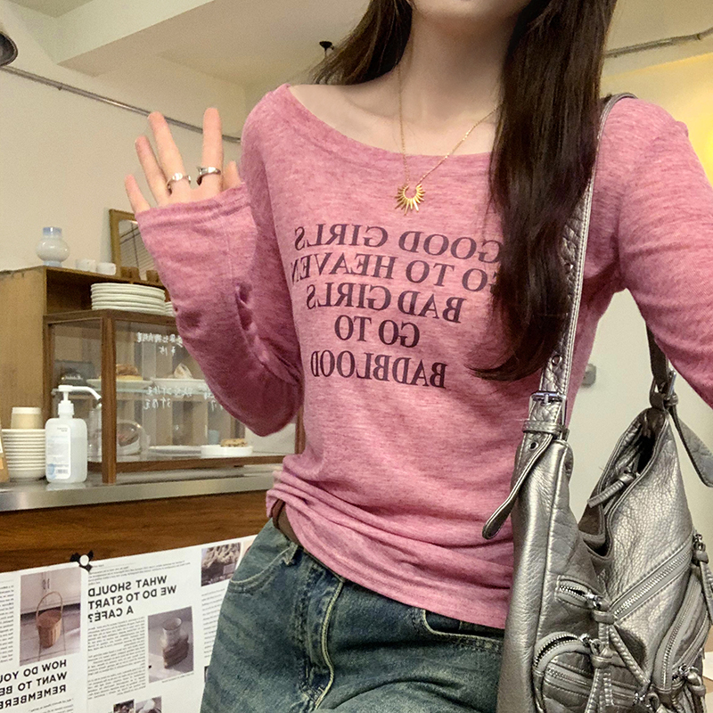 Real photo of hot girl one-length letter printed sunscreen blouse T-shirt for women spring and summer new design off-shoulder top