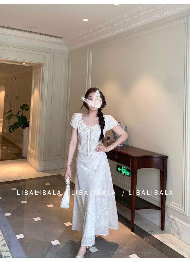 法式茶歇優雅提花短袖連衣裙子女收腰氣質設計高級感溫柔長裙夏季
