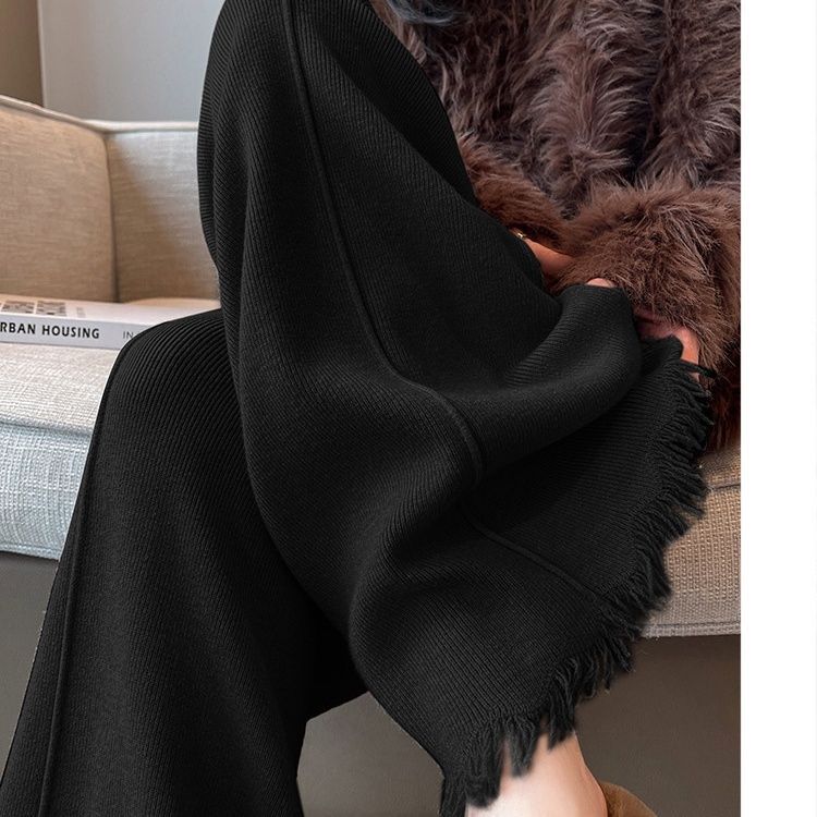 Black knitted pants for women in spring and autumn 2025 new glutinous rice pants high waist drooping slimming floor casual knitted wide-leg pants
