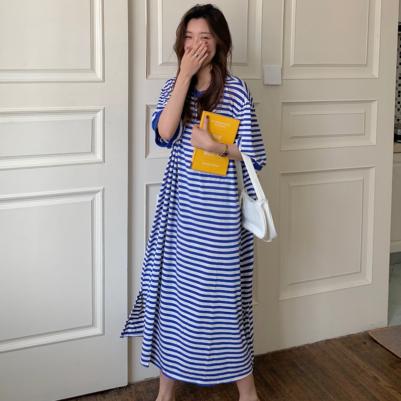#Real photo of colored striped lazy skirt with long belly-covering dress for women, large size T-shirt skirt