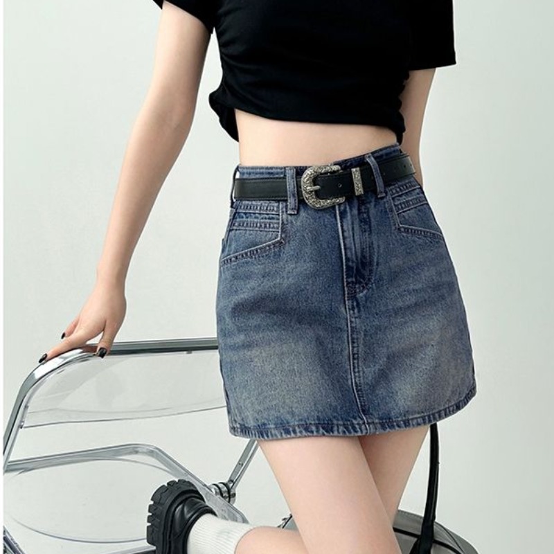 Korean casual denim skirt for women in spring and summer new high-waisted slim look slim and tall A-line hip-pack denim skirt