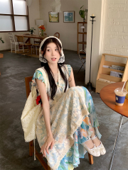 實拍 莫奈後花園~夏韓chic復古彩色油畫連衣裙+蕾絲罩衫