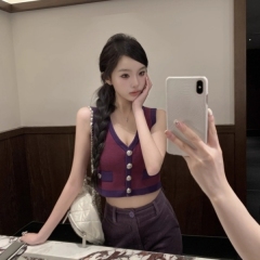 早安樊樊 撞色掛脖針織吊帶背心女夏季外穿性感辣妹顯瘦純欲上衣