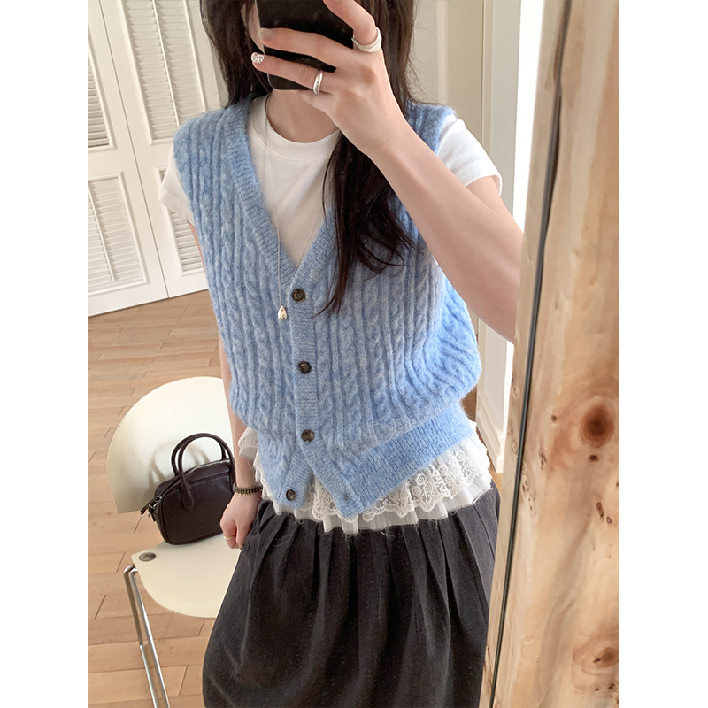 Real photo of blue twist vest sweater vest cardigan spring layered vest knit top 25 new styles