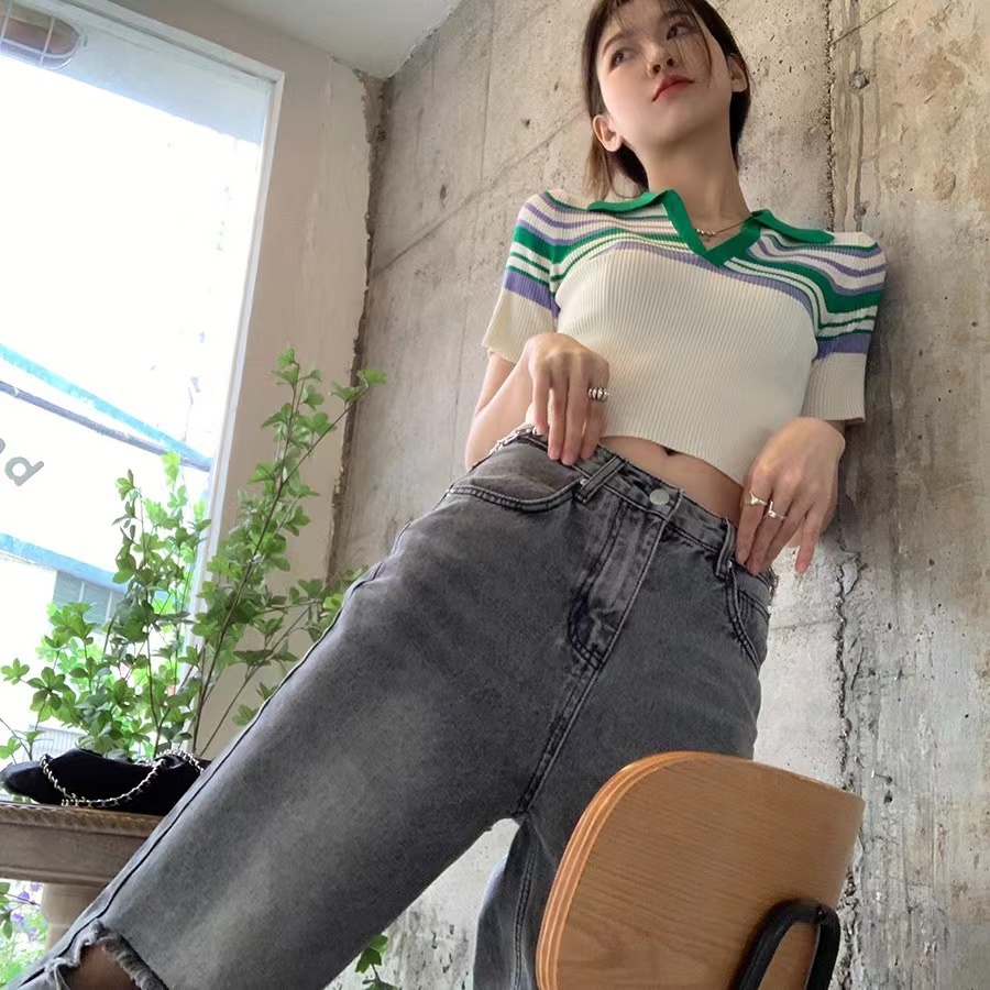 polo領條紋短袖針織衫女夏薄款顯瘦短款上衣