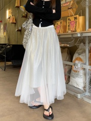 Real shot, new Korean version of shiny mesh splicing high waist slim design skirt, fairy half-body long skirt