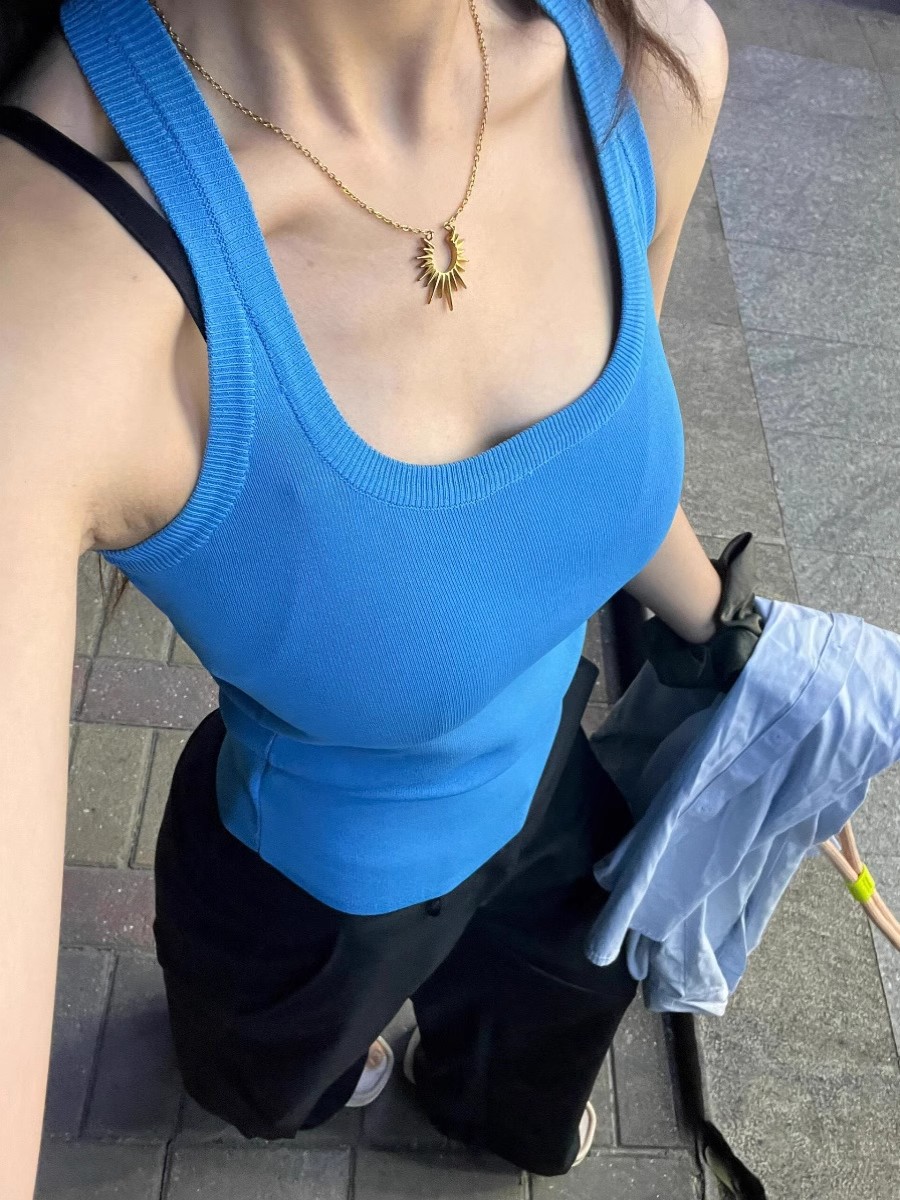 Wild leek美式甜辣妹藍色工字背心女夏季設計感小眾外穿吊帶上衣