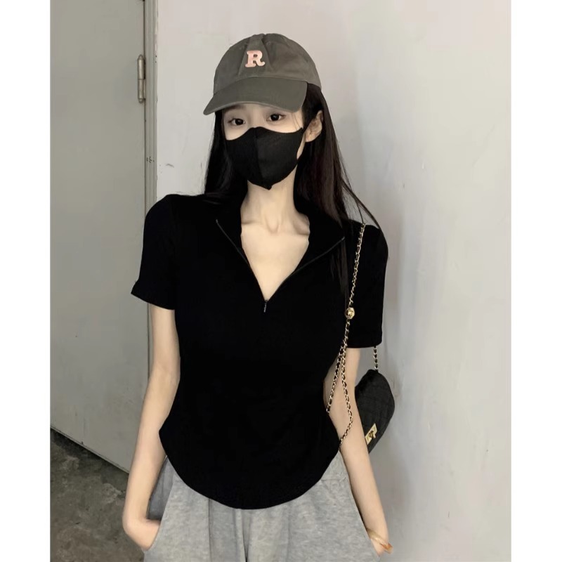 Official photo 92 cotton/8 spandex 40 210g pure cotton zipper short-sleeved polo shirt T-shirt for women