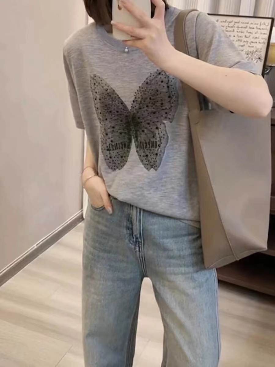 夏季新款設計感洋氣減齡蝴蝶結燙鑽寬鬆短袖上衣女