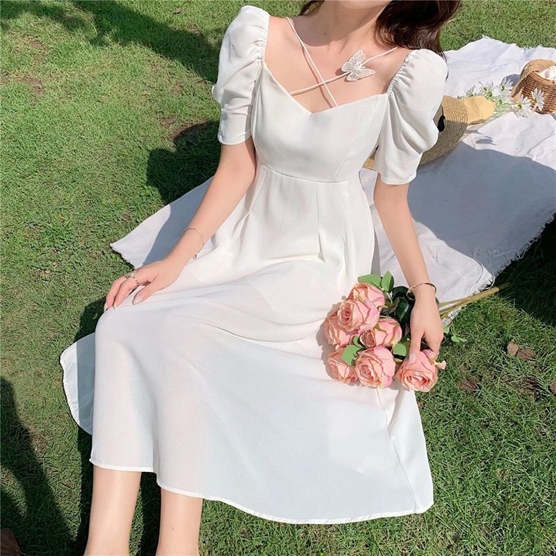 French square collar white first love skirt summer new retro super fairy puff sleeve temperament mid-length dress