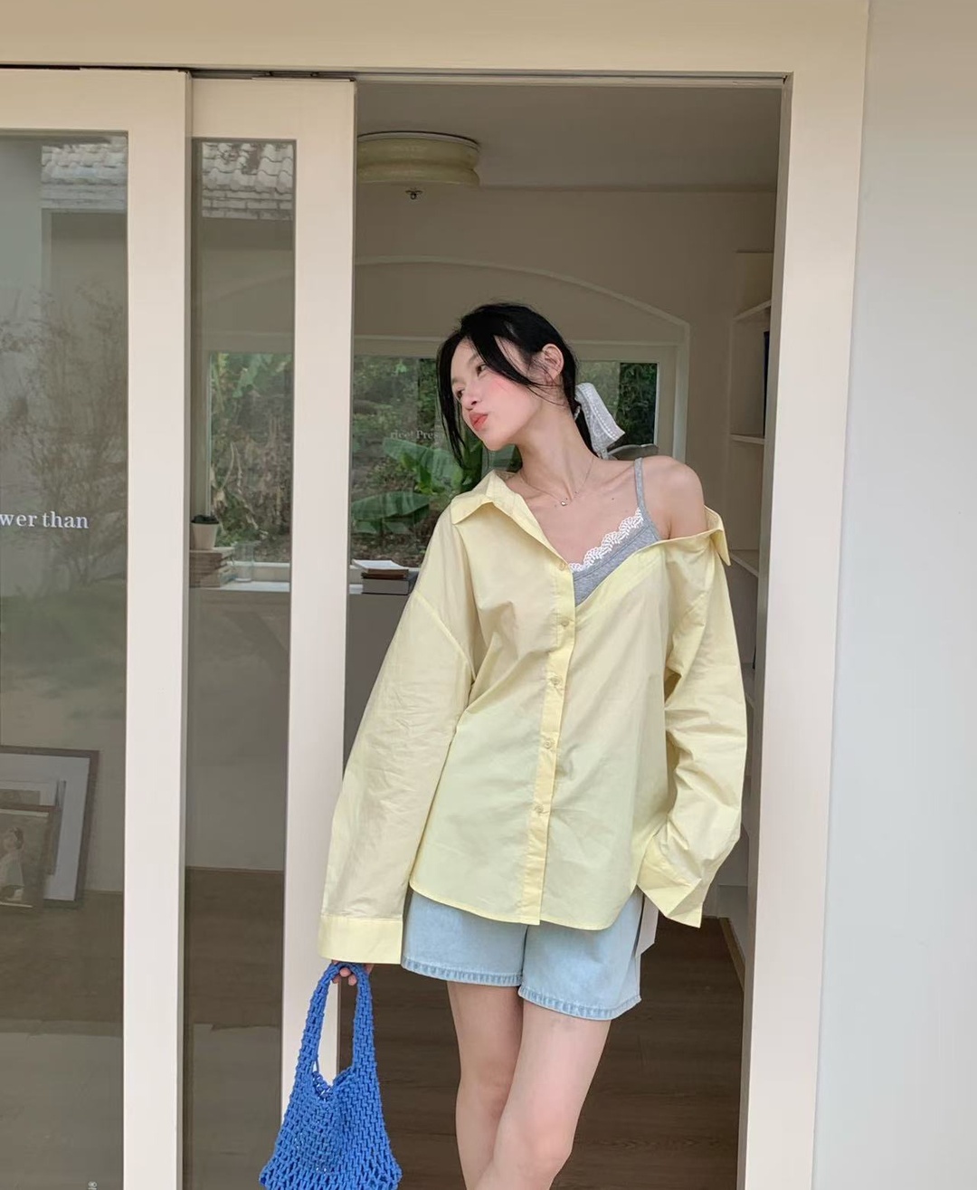 實拍性感露肩假兩件襯衫女設計感慵懶顯瘦蕾絲拼接不規則襯衣