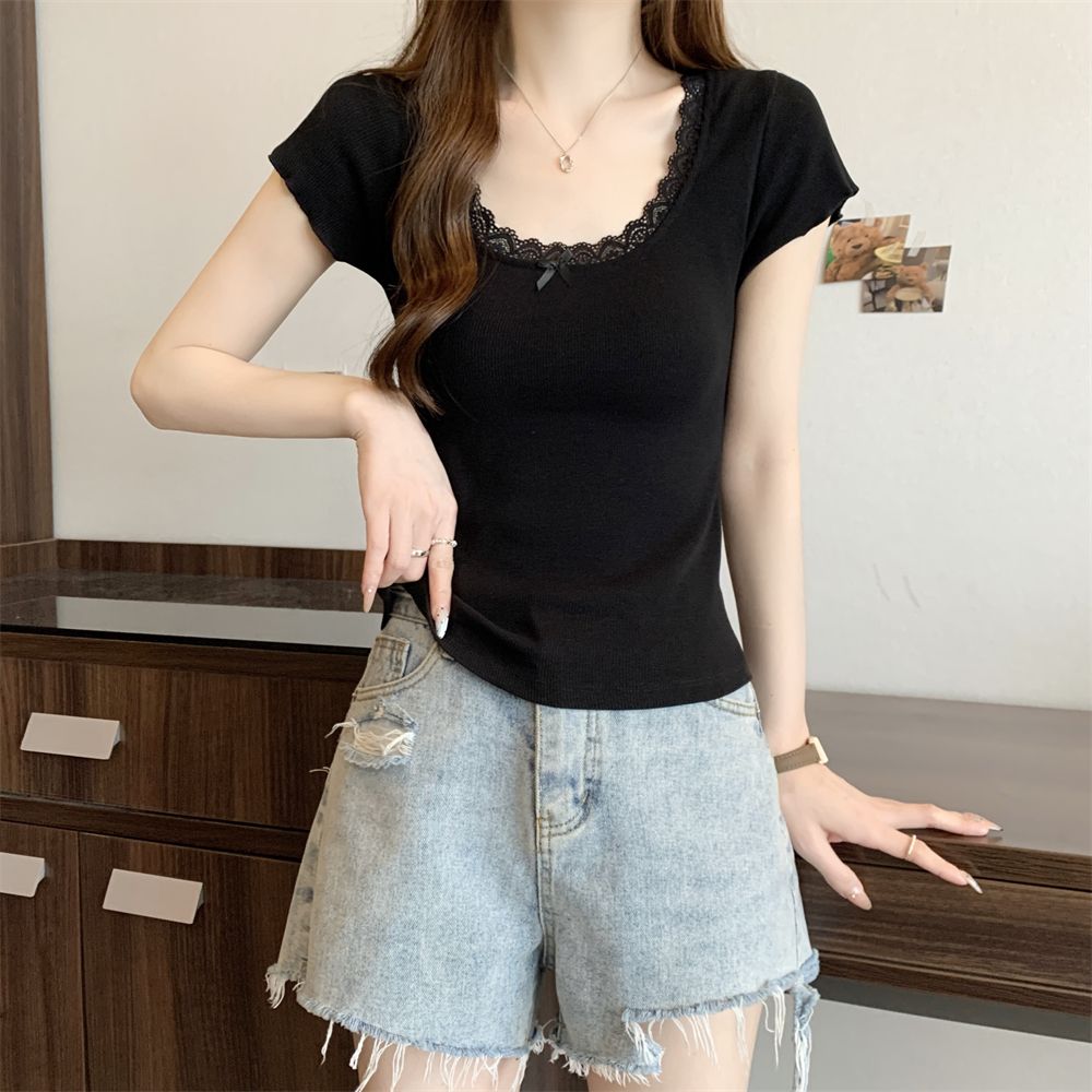 Real photo 40 pure cotton 210g 92 cotton/8 spandex short-sleeved T-shirt for women lace bow