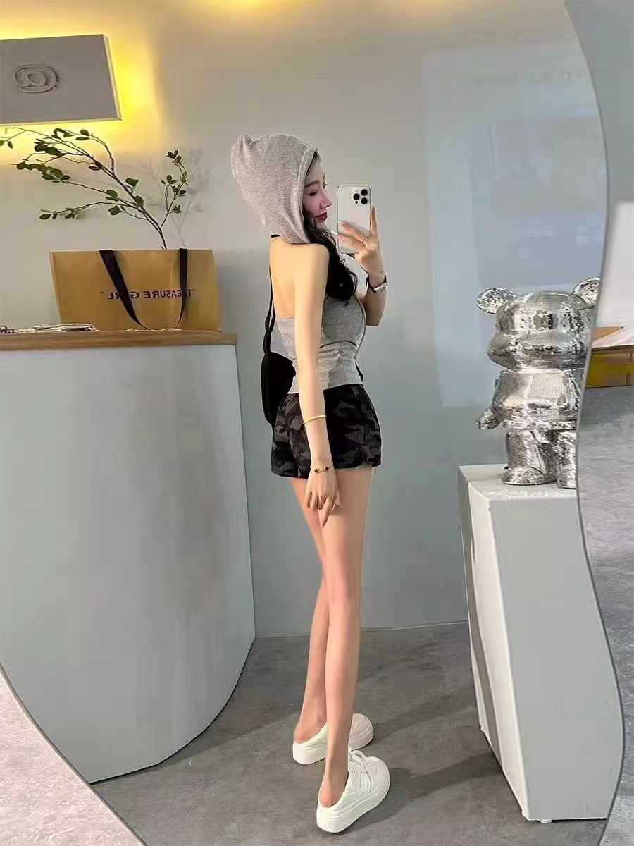 有胸墊 設計感連帽露背無袖V領背心修身顯瘦短款上衣