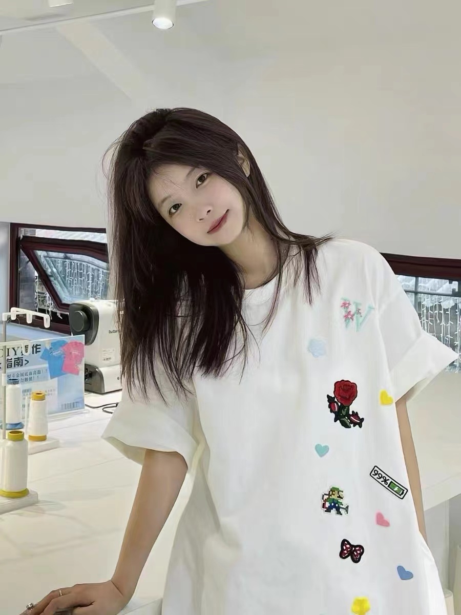純棉韓國chic夏季新款設計感小眾印花休閒寬鬆短袖t恤女白色上衣