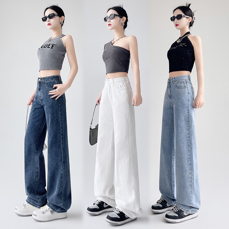 Exclusive for small people ~ nine-pointers/trousers/extended options!  White high waist wide-leg jeans drooping slimming pants
