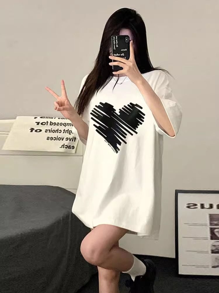 200g pure cotton 2025 new summer large size loose mid-length dress fat mm short-sleeved T-shirt skirt for women