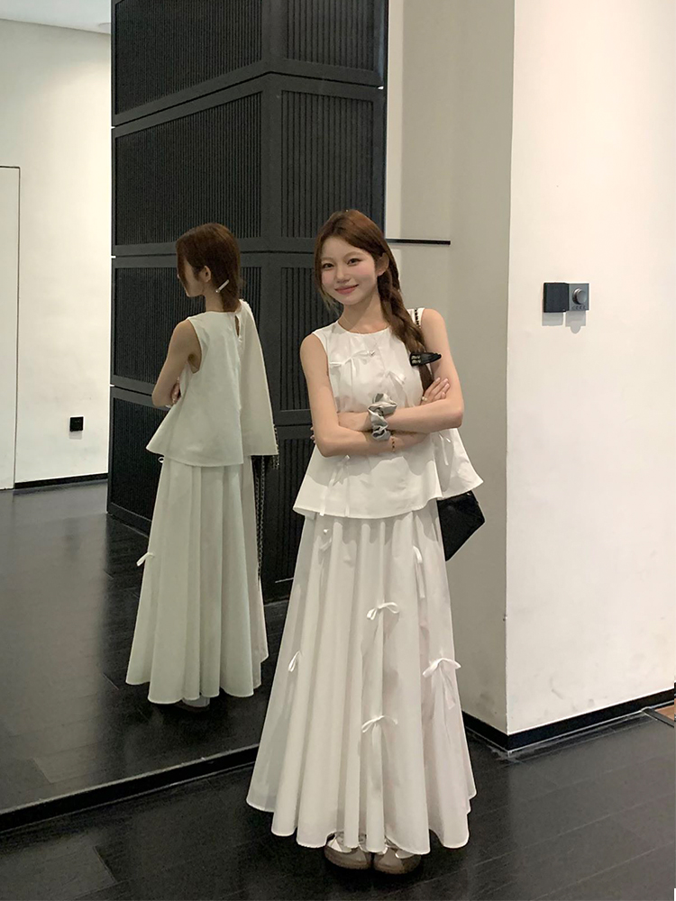 實拍 韓chic盧森堡少女~疊穿立體蝴蝶結時尚大擺裙兩件套套裝