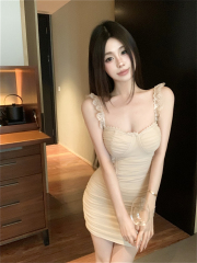 Real shot of a sexy holiday style slim lace suspender hip-pack dress