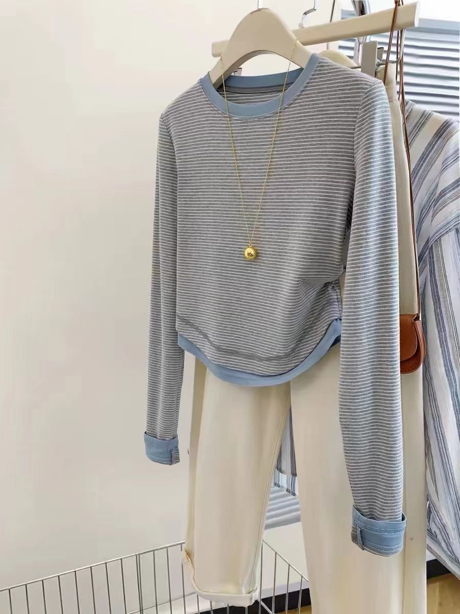 Original 40 1X1 pure cotton color thread fake two-piece striped front shoulder short long sleeve T-shirt for women