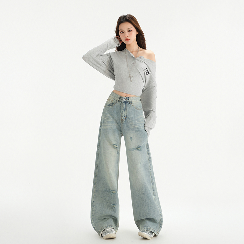 American street-made old washing and shabby wind light-color washing scratches retro grinding straight wide-leg jeans