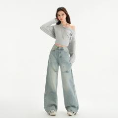American street-made old washing and shabby wind light-color washing scratches retro grinding straight wide-leg jeans