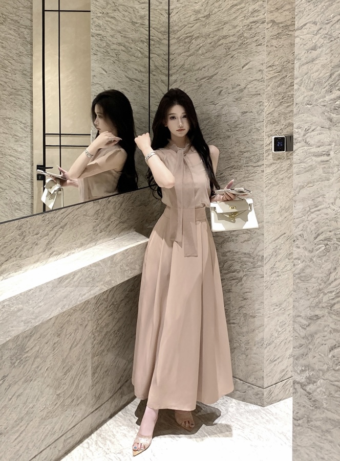 實拍 法式氣質溫柔復古網紗飄帶上衣高腰百搭壓褶半裙女春季