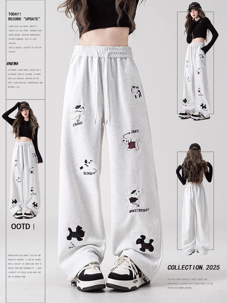 Three-dimensional waist, white and gray drawstring puppy embroidered casual pants for women, new spring style loose straight wide-leg pants