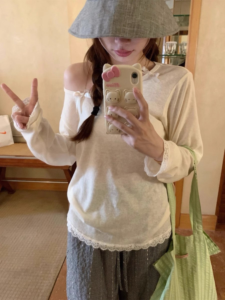 Lines and cotton lace spliced ​​off-shoulder long-sleeved T-shirt for women in summer pure and relaxed style loose and versatile off-shoulder top