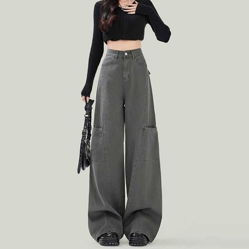 American work jeans for women in spring and autumn new loose high waist wide-leg slim and high-rise casual floor-moving jeans