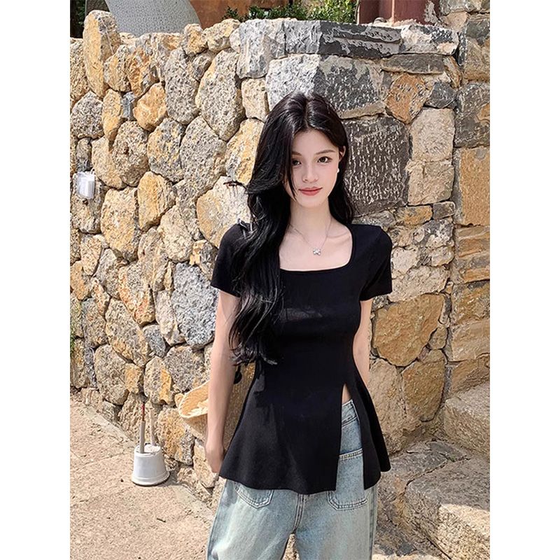 Korean atmosphere, slit square collar, shoulder T-shirt, short-sleeved women's 2025 new summer unique hot girl top