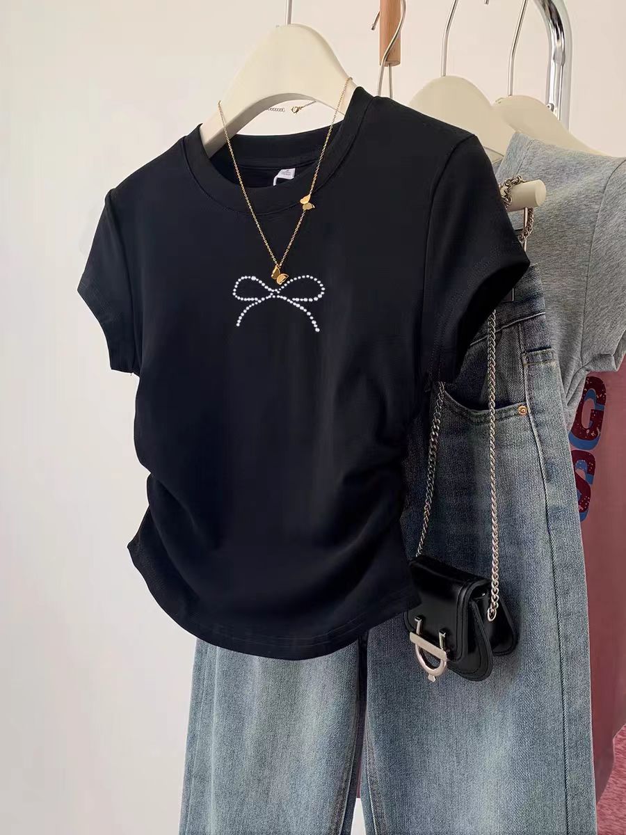 Pure cotton high elastic pleated waist small flying sleeve short sleeve T-shirt for women in summer new slim T-shirt top
