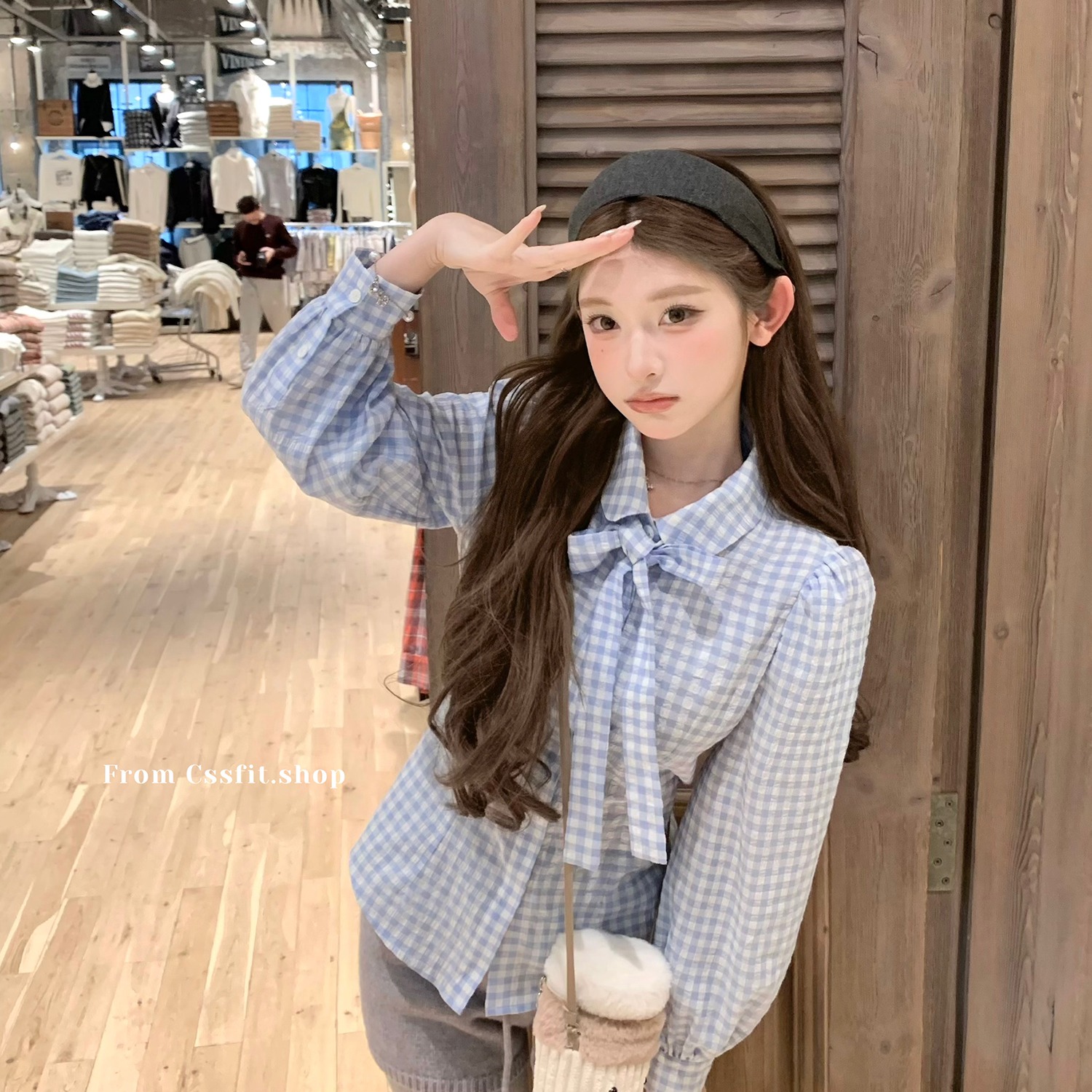 Korean blue doll collar plaid shirt women's spring bow tie base shirt waist short top
