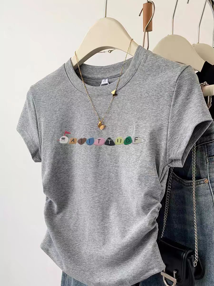 Pure cotton high elastic pleated waist small flying sleeve short sleeve T-shirt for women in summer new slim T-shirt top