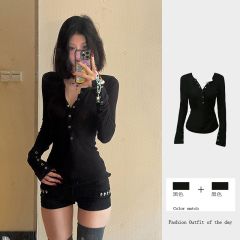 Fashionable V-neck long-sleeved T-shirt for women in spring and autumn 2025 new slim black top base shirt for outer wear
