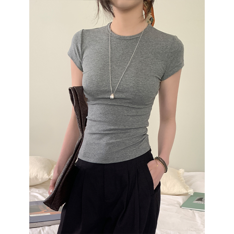 Real photo of small people basic simple pullover front shoulder short-sleeved T-shirt summer solid color tights