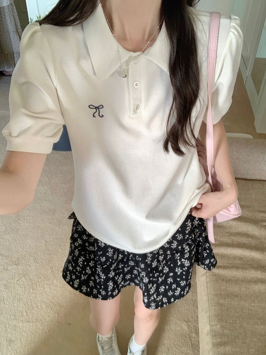 Real photo of pearl-ground doll collar bow embroidered short-sleeved T-shirt for women in summer loose slim Korean style half-sleeved top trendy