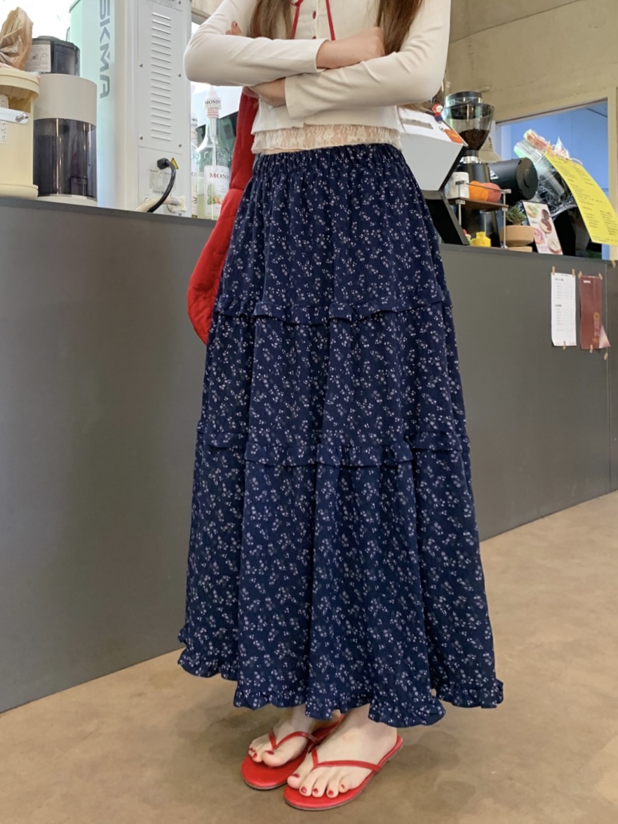 Real shot New Korean version high-waisted retro floral ears fluffy cake skirt