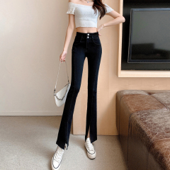 Light blue black slit jeans for women in spring and summer new high-waisted small small trouser wide-leg women's pants