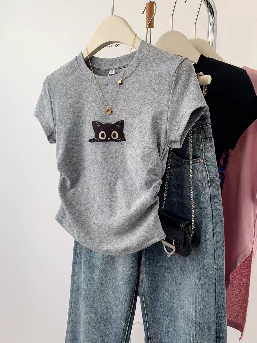 Pure cotton high elastic pleated waist small flying sleeve short sleeve T-shirt for women in summer new slim T-shirt top