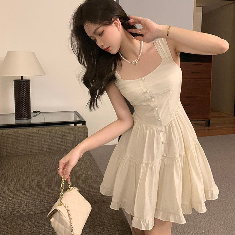 夏季白月光氣質甜美溫柔風吊帶連衣裙女修身顯瘦純色裙子