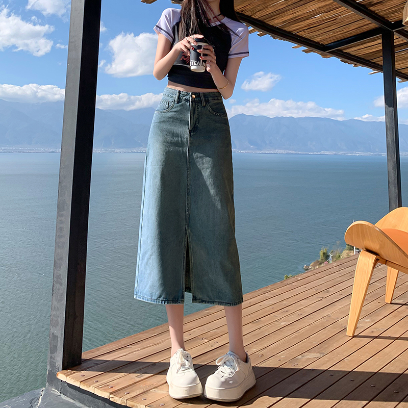 The gospel of a small person ~ Fashionable and versatile!  High-waisted slim skirt for women in spring and summer slim slit hip jeans
